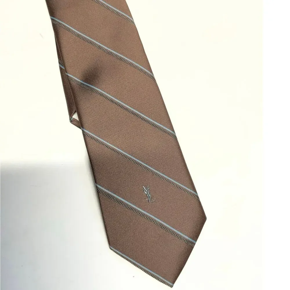 Yves Saint Laurent Brown Silk Stripe Tie YSL Logo Designer Necktie